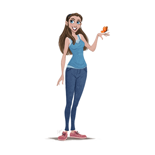 Animation of Woman standing holding butterfly on left hand