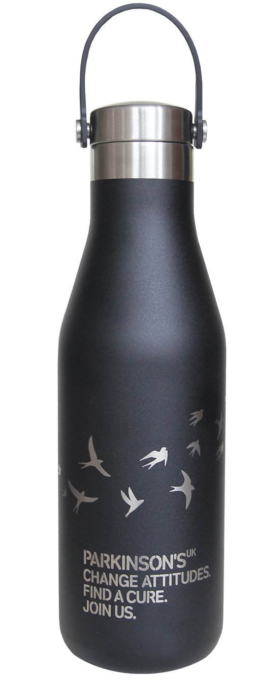 Branded ethically made water bottle - Black swallows ohelo reusable bottle with cobranding for Parkinsons UK