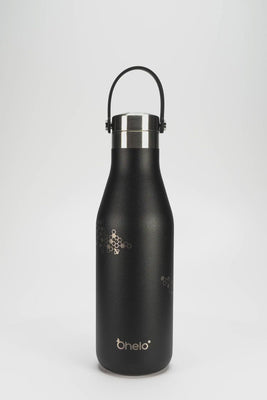 Ohelo insulated stainless steel water bottle in black bee design - video showing useful handle and laser etchings
