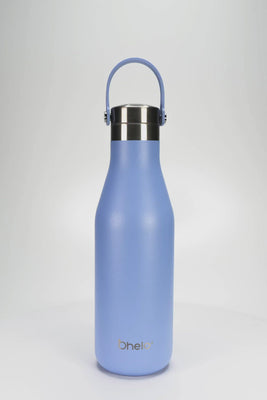 Ohelo insulated stainless steel water bottle in blue - video showing useful handle and laser etchings