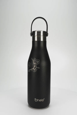 Ohelo stainless steel water bottle in black blossom design - video showing beautiful laser etched surface design and handy handle