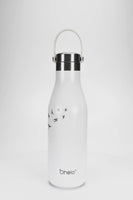 Ohelo insulated stainless steel water bottle in white with swallows design - video showing useful handle and laser etchings