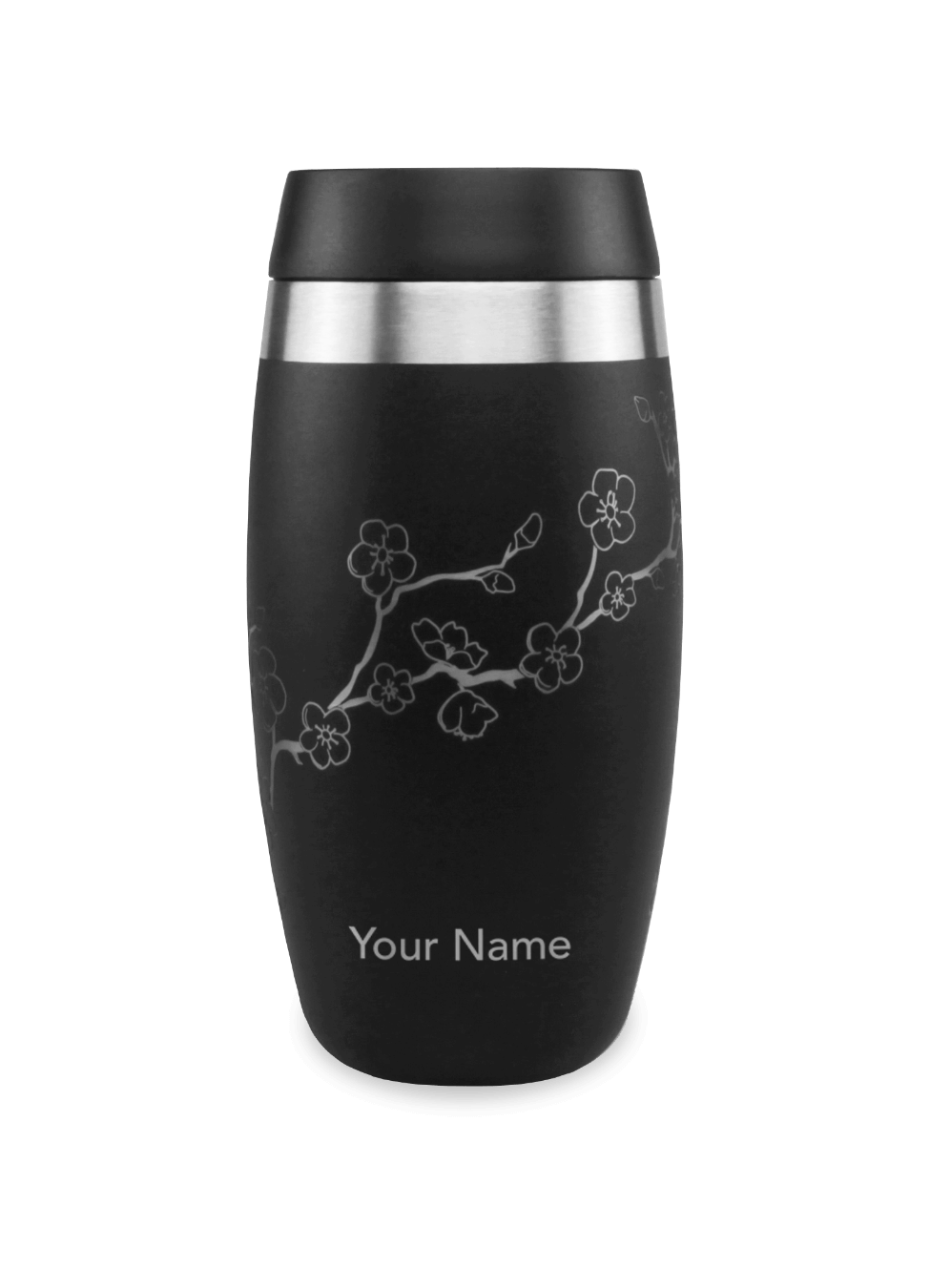 Personalised coffee flask in black floral design