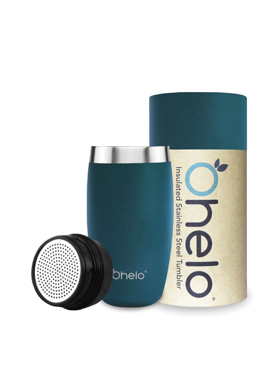 Ohelo dishwasher safe travel mug in British racing green with removable tea strainer and recycled packaging