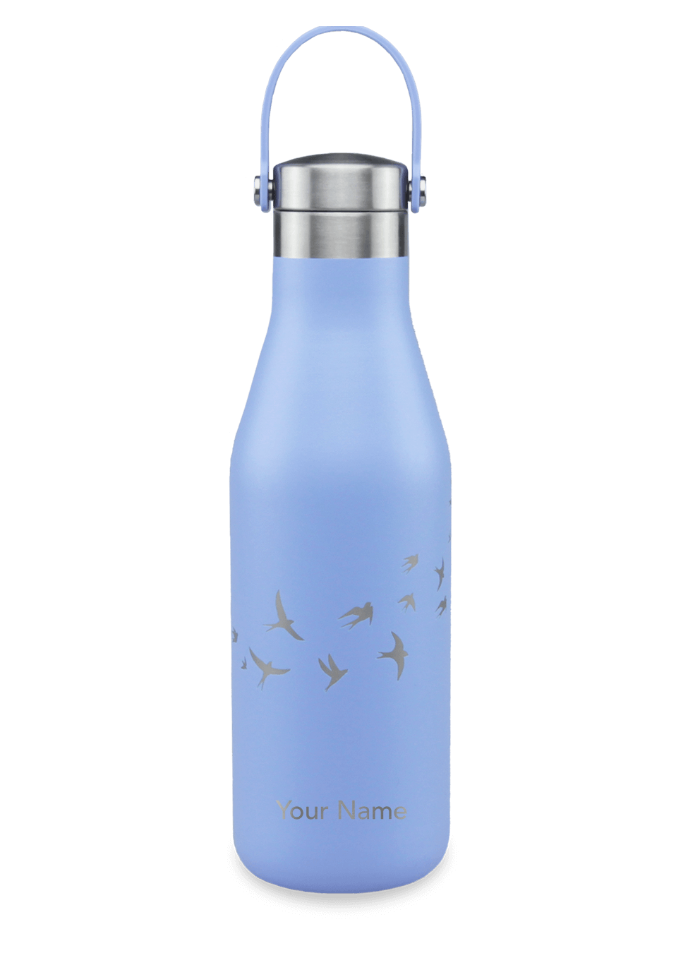 Ohelo Personalised Water Bottle in Blue with Birds Pattern