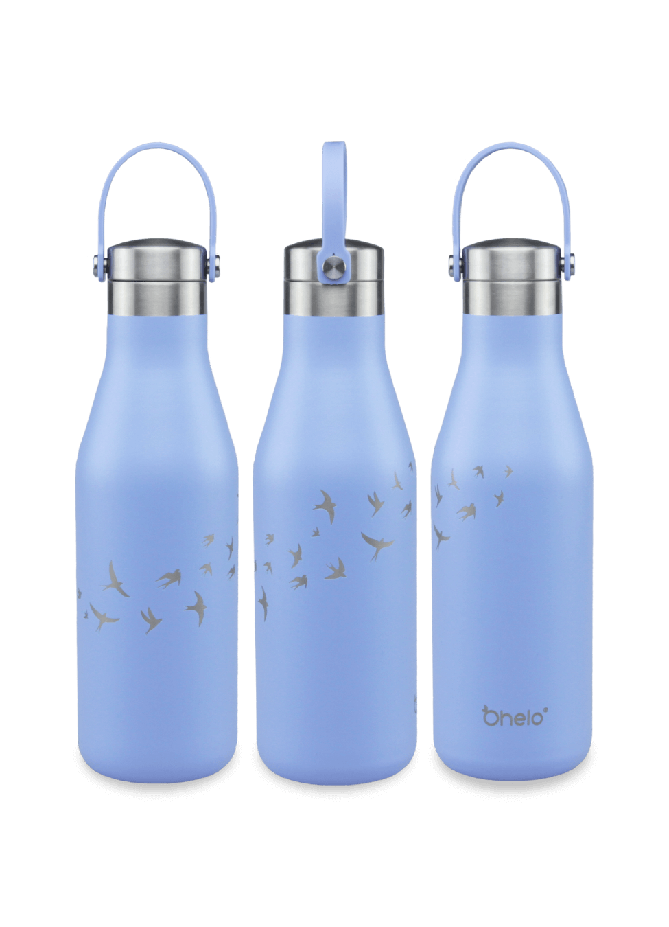 Ohelo Blue Water Bottle with Swallows design3 sides