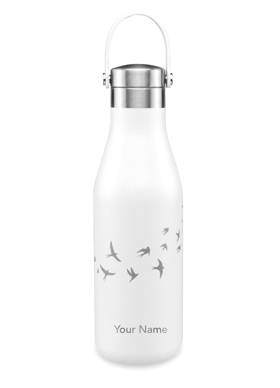 Ohelo Personalised Water Bottle in White with Swallows Pattern