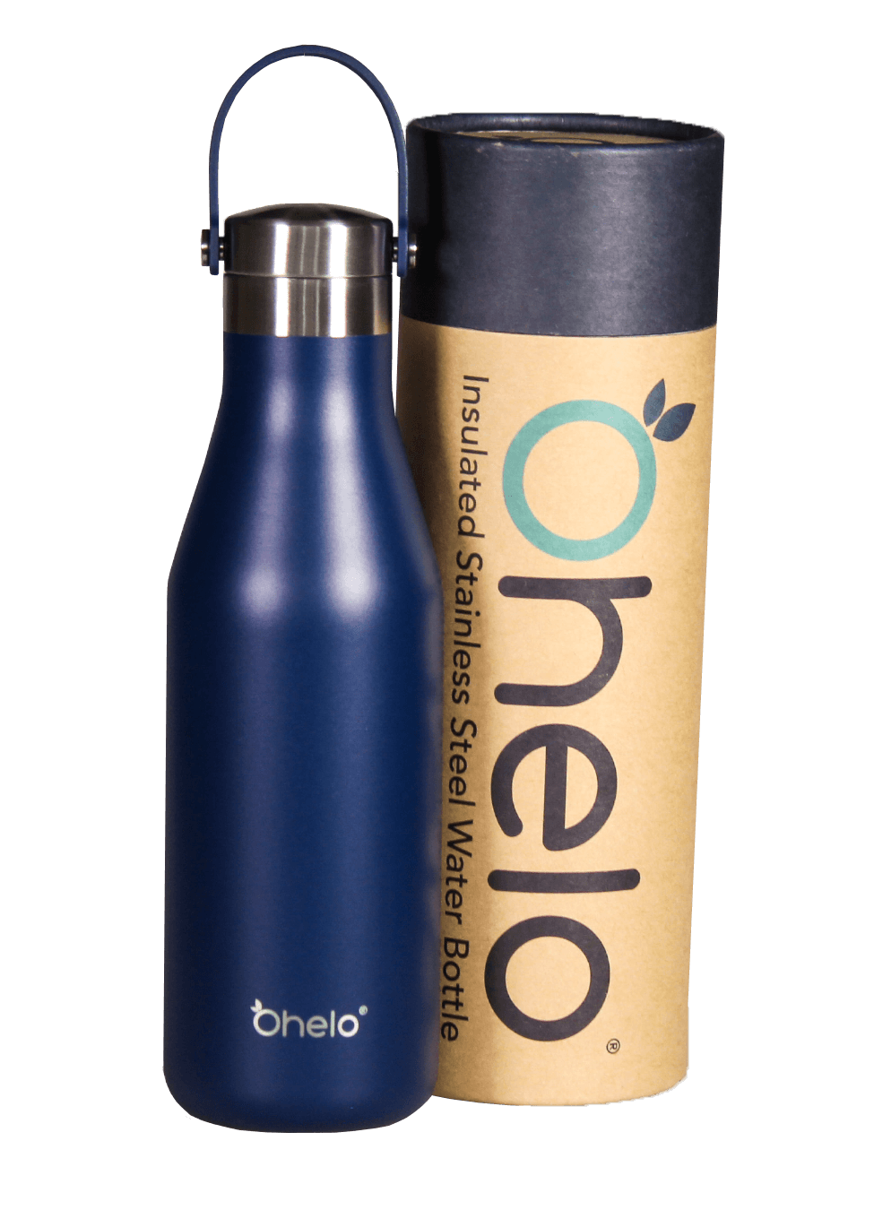 Ohelo dark blue insulated water bottle with recycled packaging