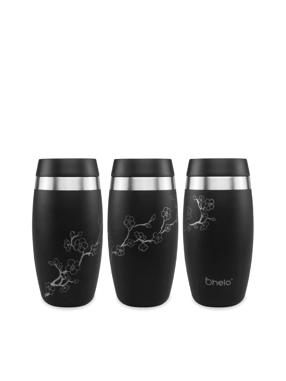 Ohelo black travel mug in floral design - image showing design from 3 sides
