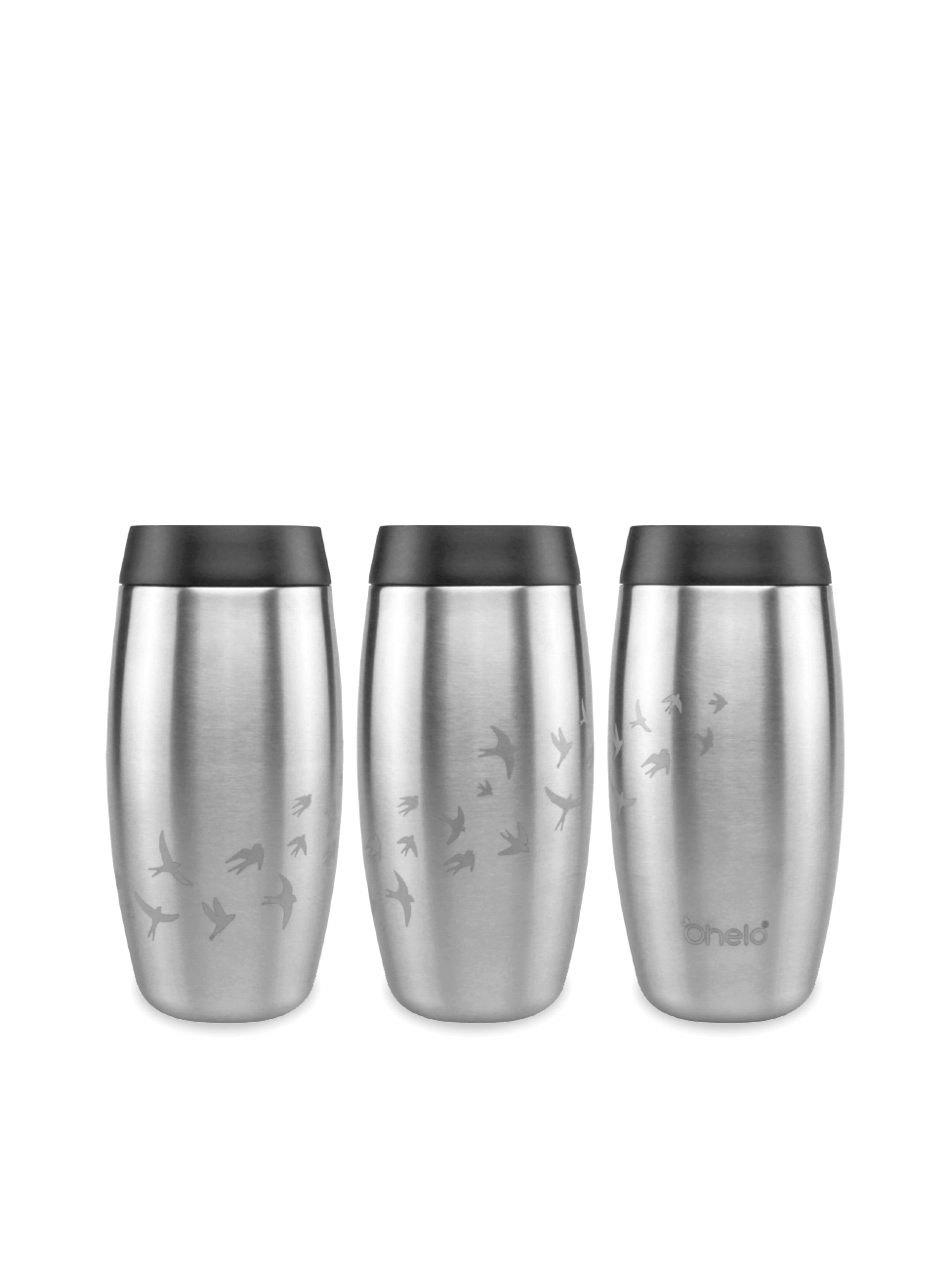 Ohelo stainless steel reusable coffee cup in swallow bird design - image showing design from 3 sides