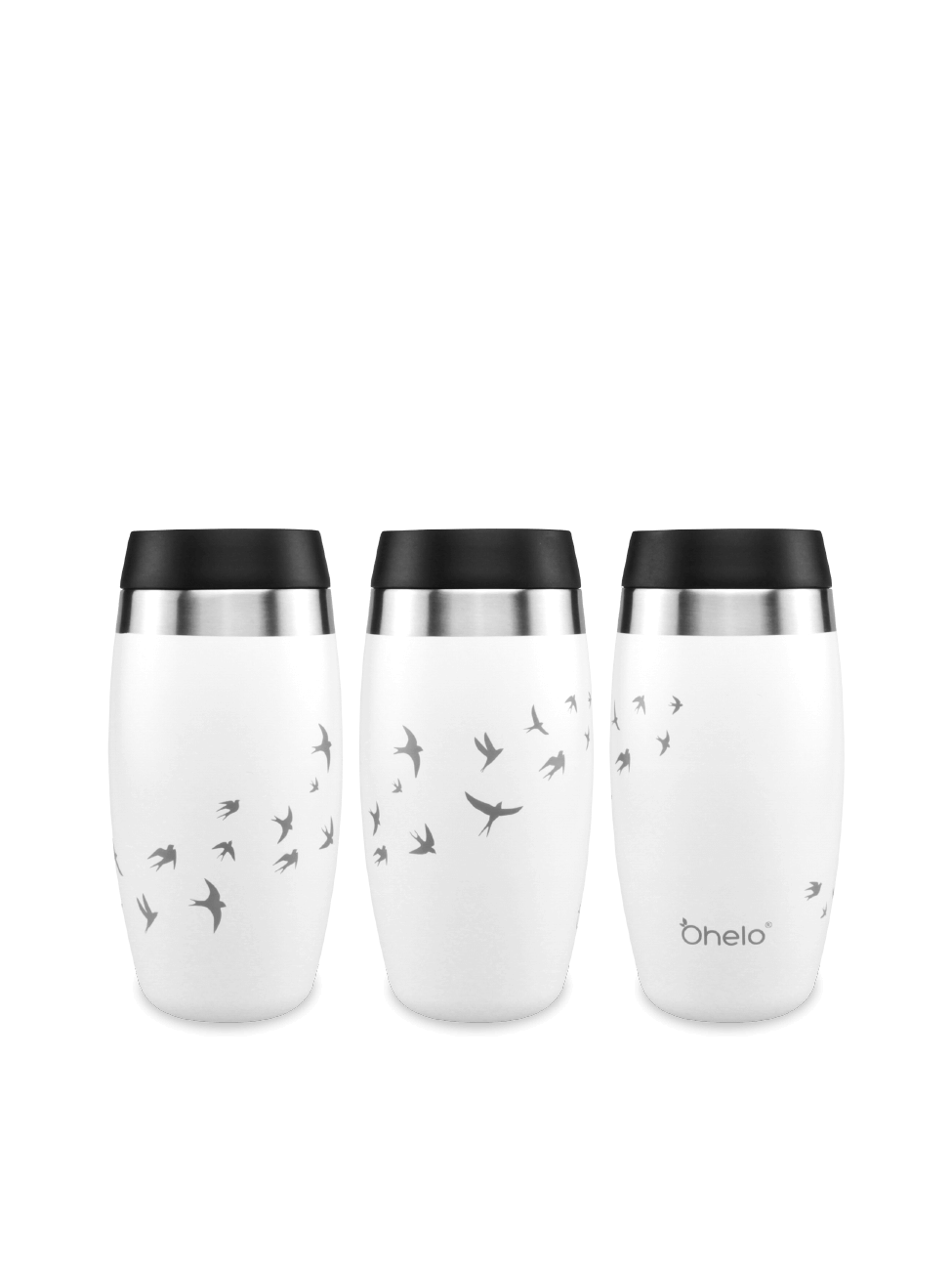 Ohelo dishwasher safe travel mug in white with bird design - image showing design from 3 sides