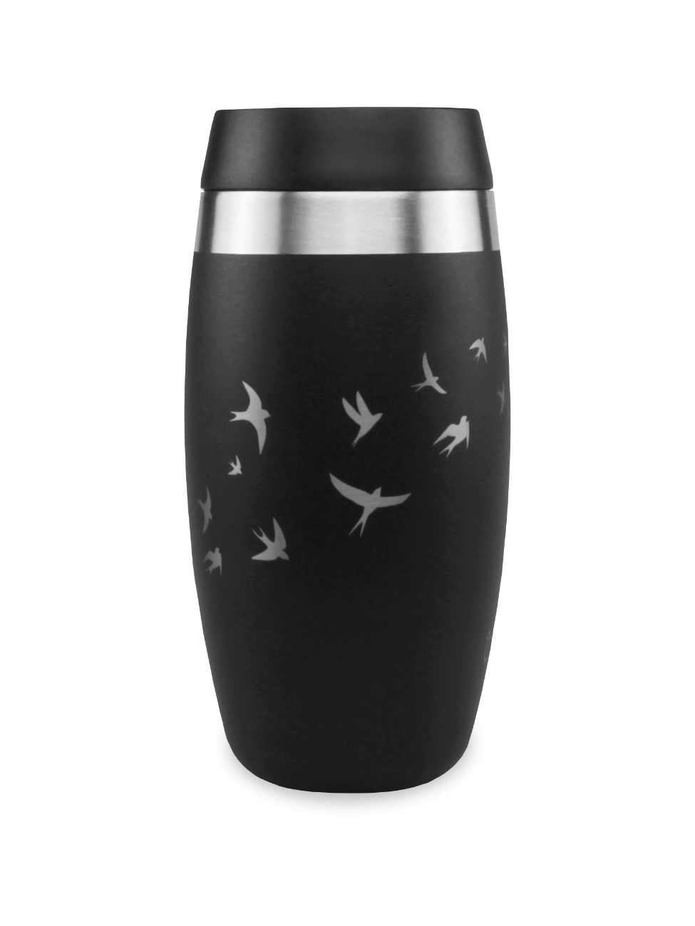 Ohelo black travel mug with laser etched swallows