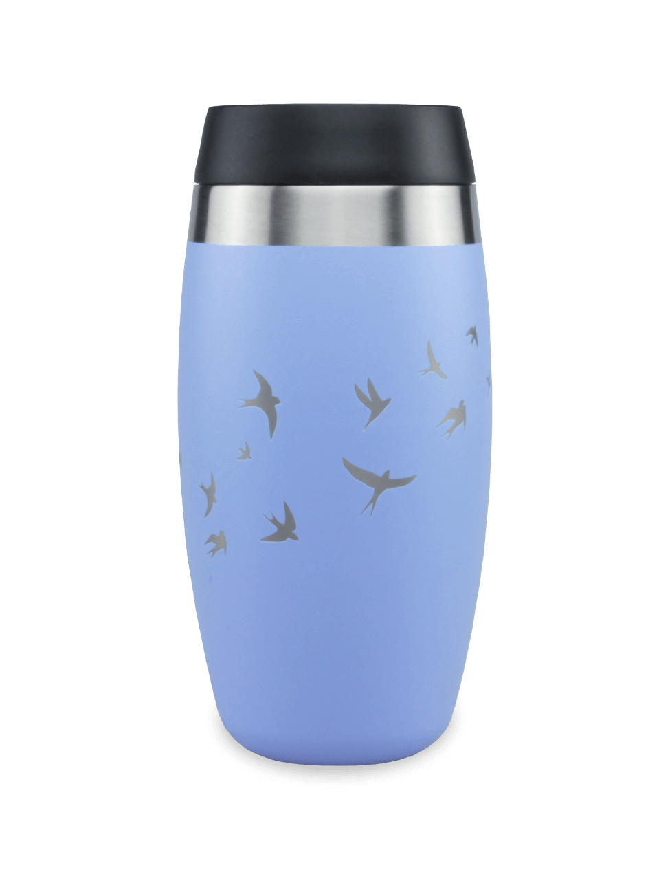 Ohelo 400ml dishwasher safe travel mug in blue with laser etched swallows design