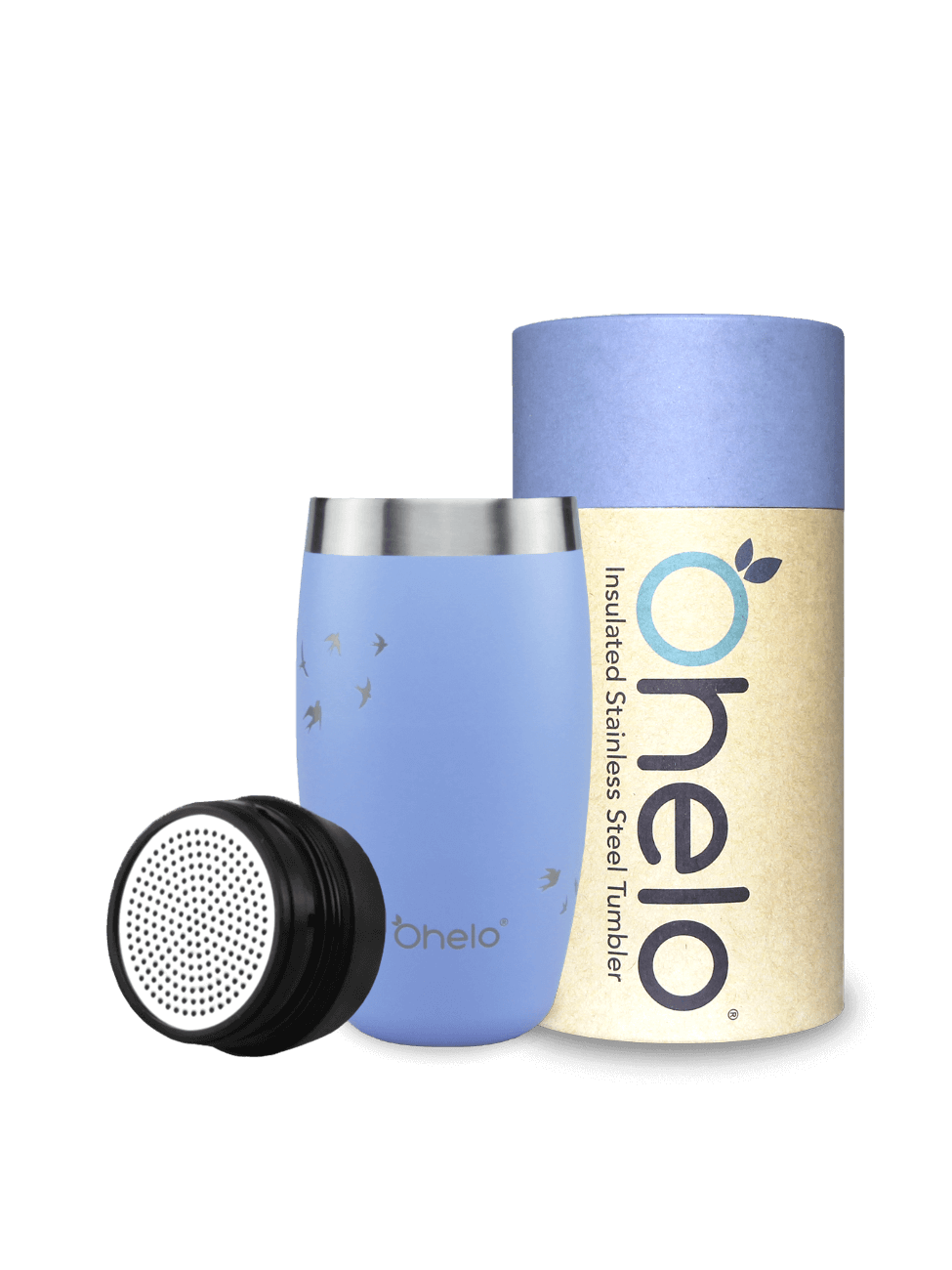 Ohelo BPA free insulated tumbler in blue with swallow bird design, pictured with recycled packaging