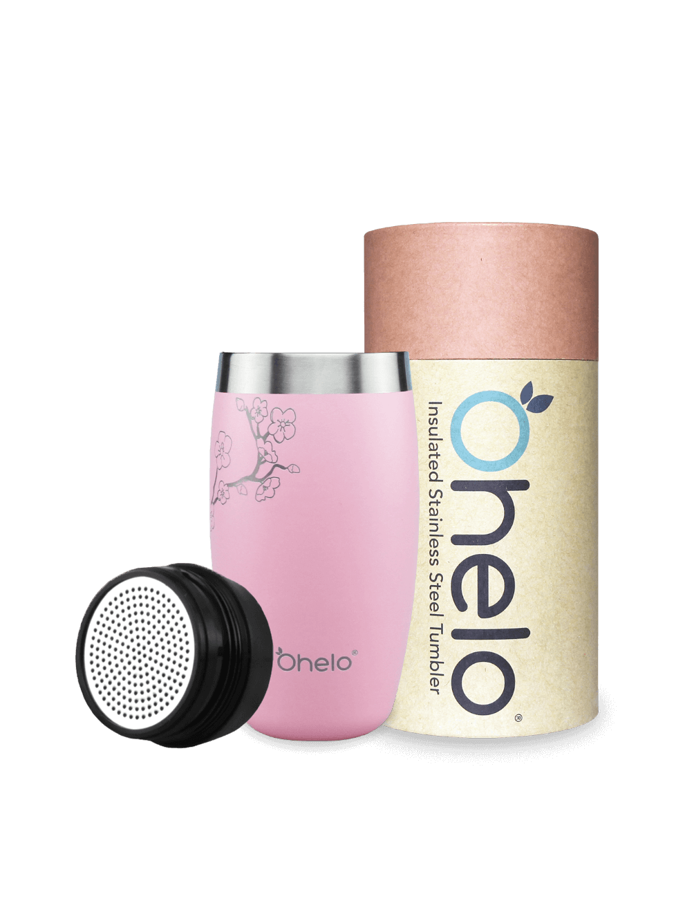 Ohelo BPA free insulated tumbler in pink with floral design, pictured with recycled packaging