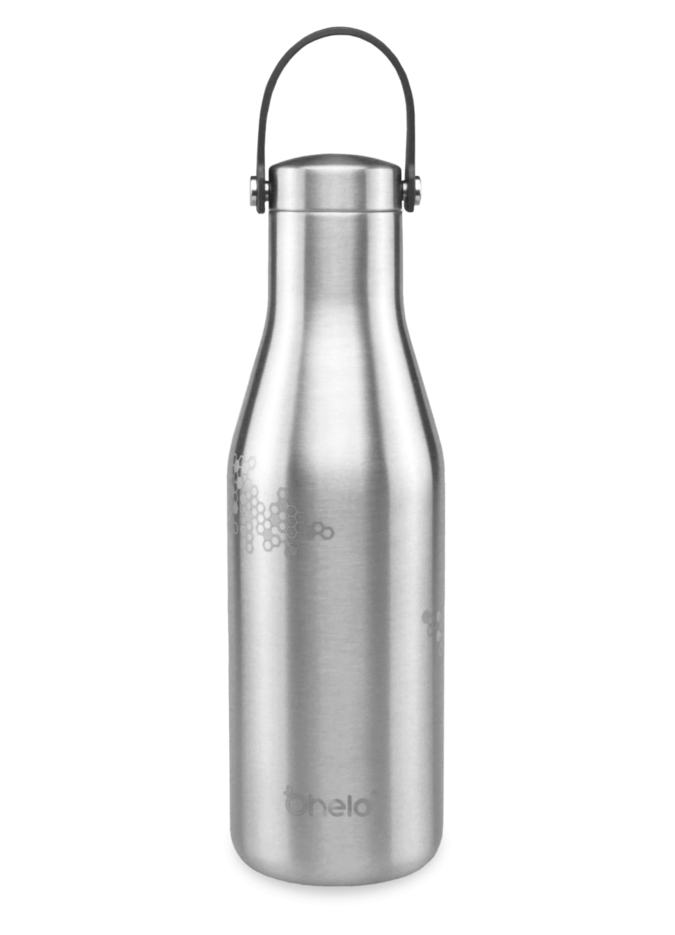 Stainless steel reusable bottle with carry strap and laser etched honeycomb and bee