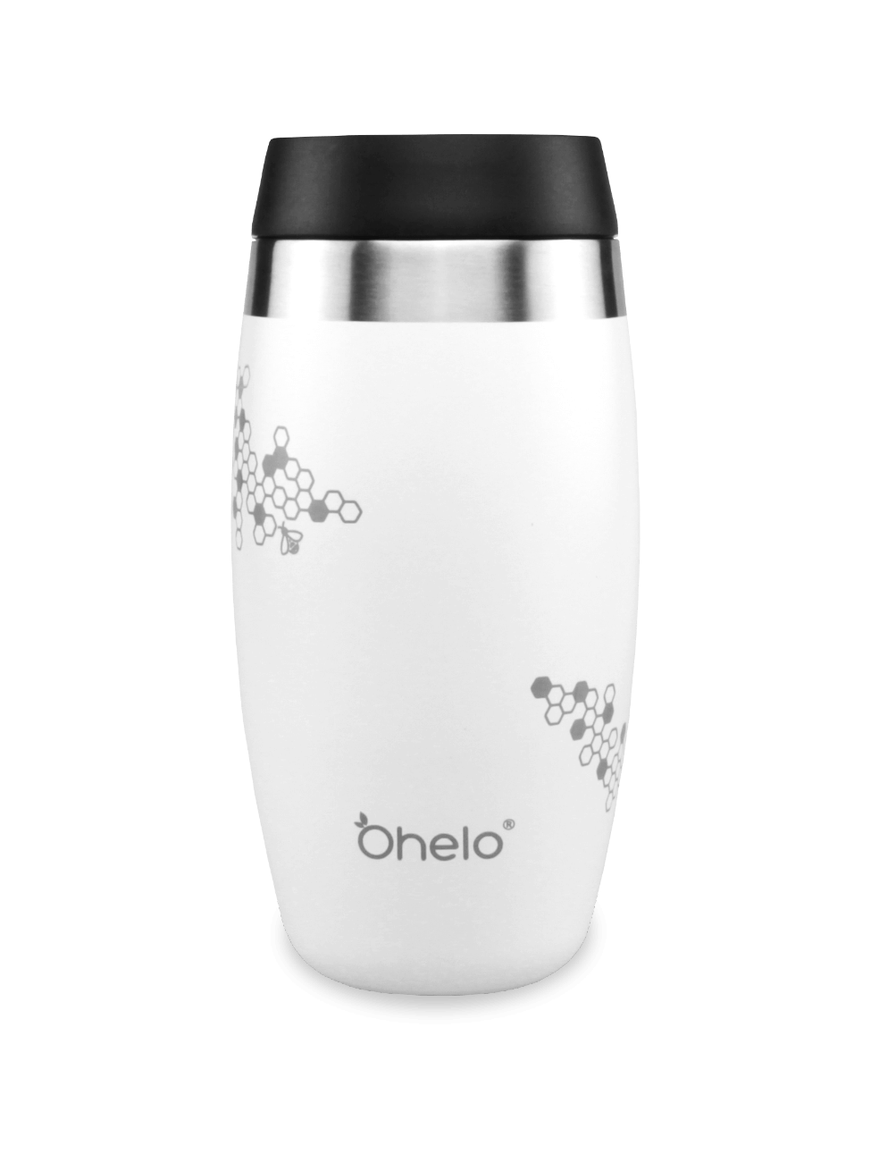 Ohelo insulated reusable travel mug with sip lid in white with laser etched honeycomb and bee design