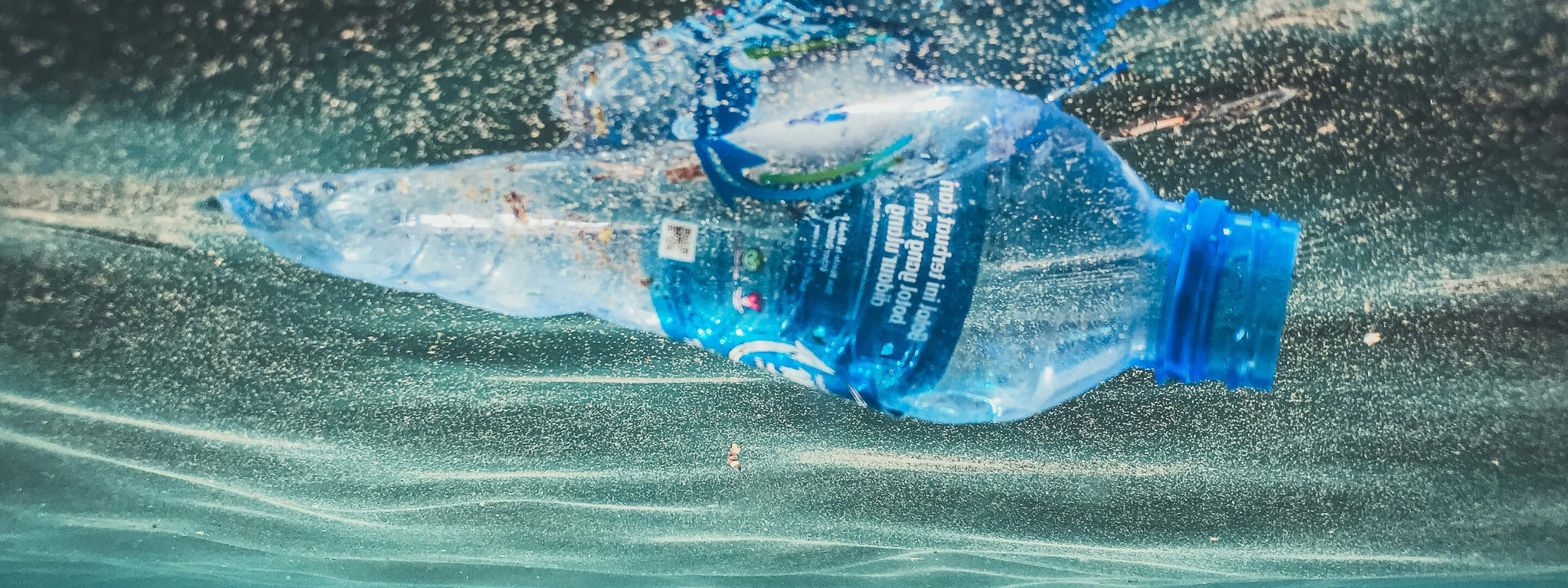 single use plastic water bottle floating in the ocean