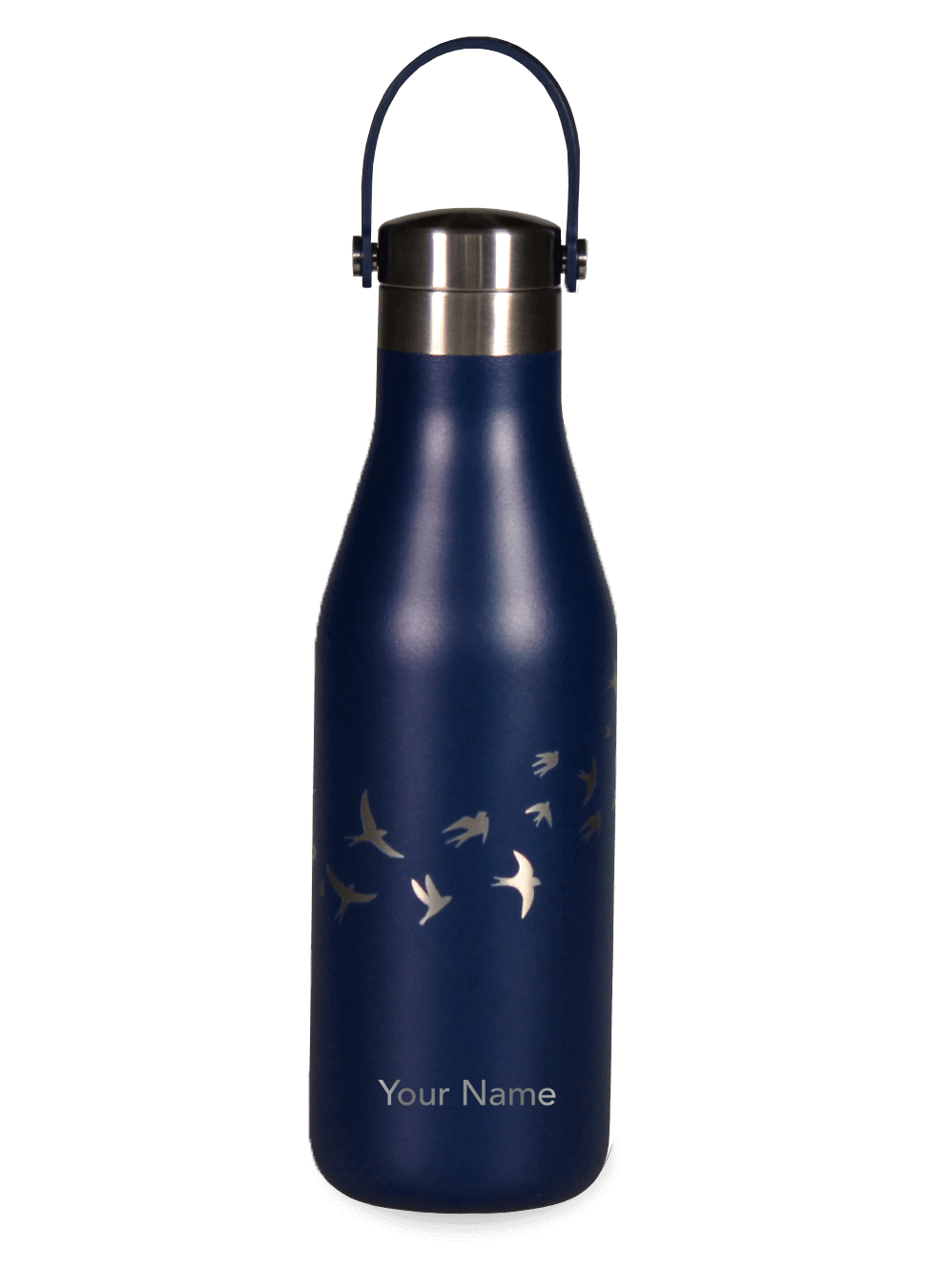 Ohelo Personalised Water Bottle in Oxford Blue with Swallows Pattern