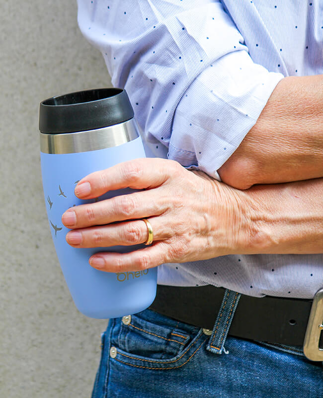 Ohelo insulated reusable coffee cup in blue swallows design 