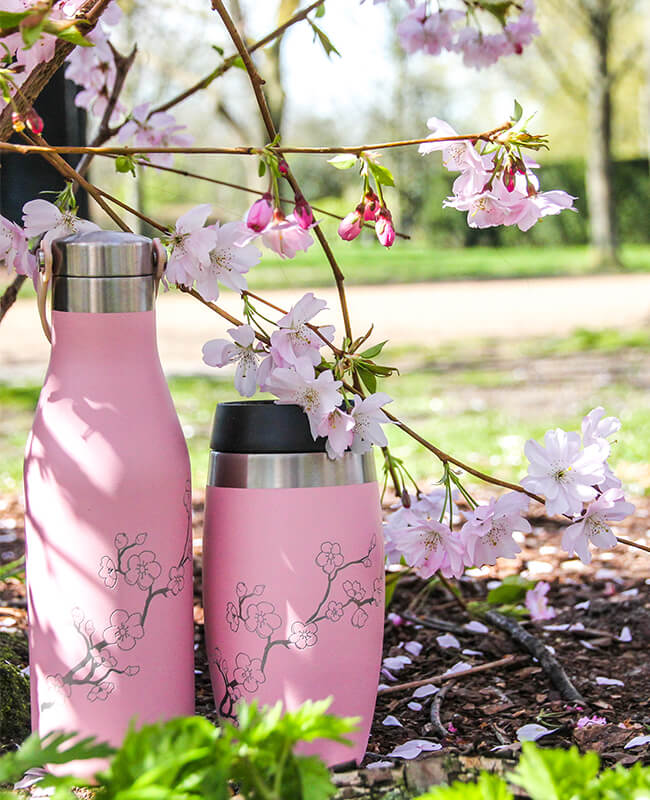 Ohelo 500ml reusable water bottle and 400ml leakproof coffee cup in pink blossom design