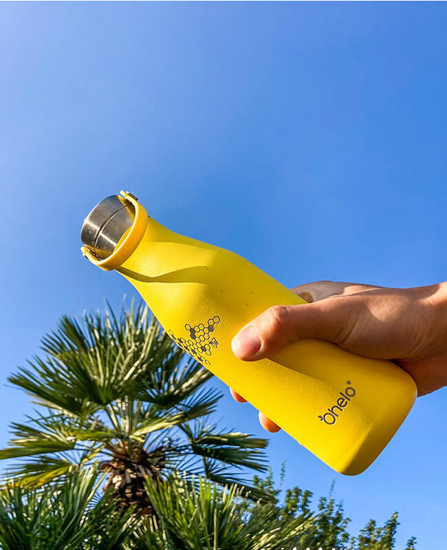 500ml Ohelo stainless steel water bottle in yellow with a honeycomb and bee design