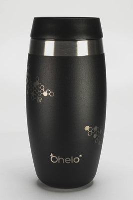 Ohelo leakproof reusable coffee cup in black with laser etched bee and honeycomb design rotational video