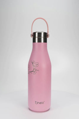 Ohelo insulated stainless steel water bottle in pink blossom design - video showing useful handle and laser etchings