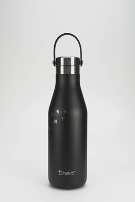Vacuum insulated 500ml water bottle in black swallows design - video showing laser etched designs and handle that moves on pivots making it comfortable to carry 