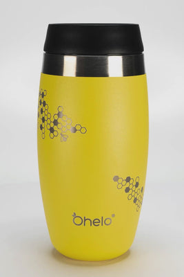 Rotational video of Ohelo leakproof travel mug in yellow with laser etched bee and honeycomb design
