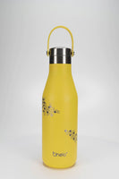 Ohelo insulated stainless steel water bottle in Yellow bee design - video showing useful handle and laser etchings