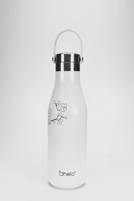 Ohelo insulated stainless steel water bottle in white blossom design - video showing useful handle and laser etchings