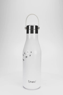 Ohelo insulated stainless steel water bottle in white with swallows design - video showing useful handle and laser etchings