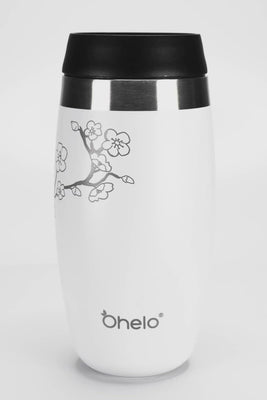 Rotational video of Ohelo leakproof reusable coffee cup in white with laser etched cherry blossom design