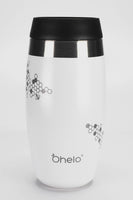 Rotational video of Ohelo leakproof reusable coffee cup in white with laser etched bee and honeycomb design