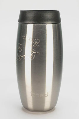 Rotational video of Ohelo leakproof reusable stainless steel coffee cup with laser etched cherry blossom design