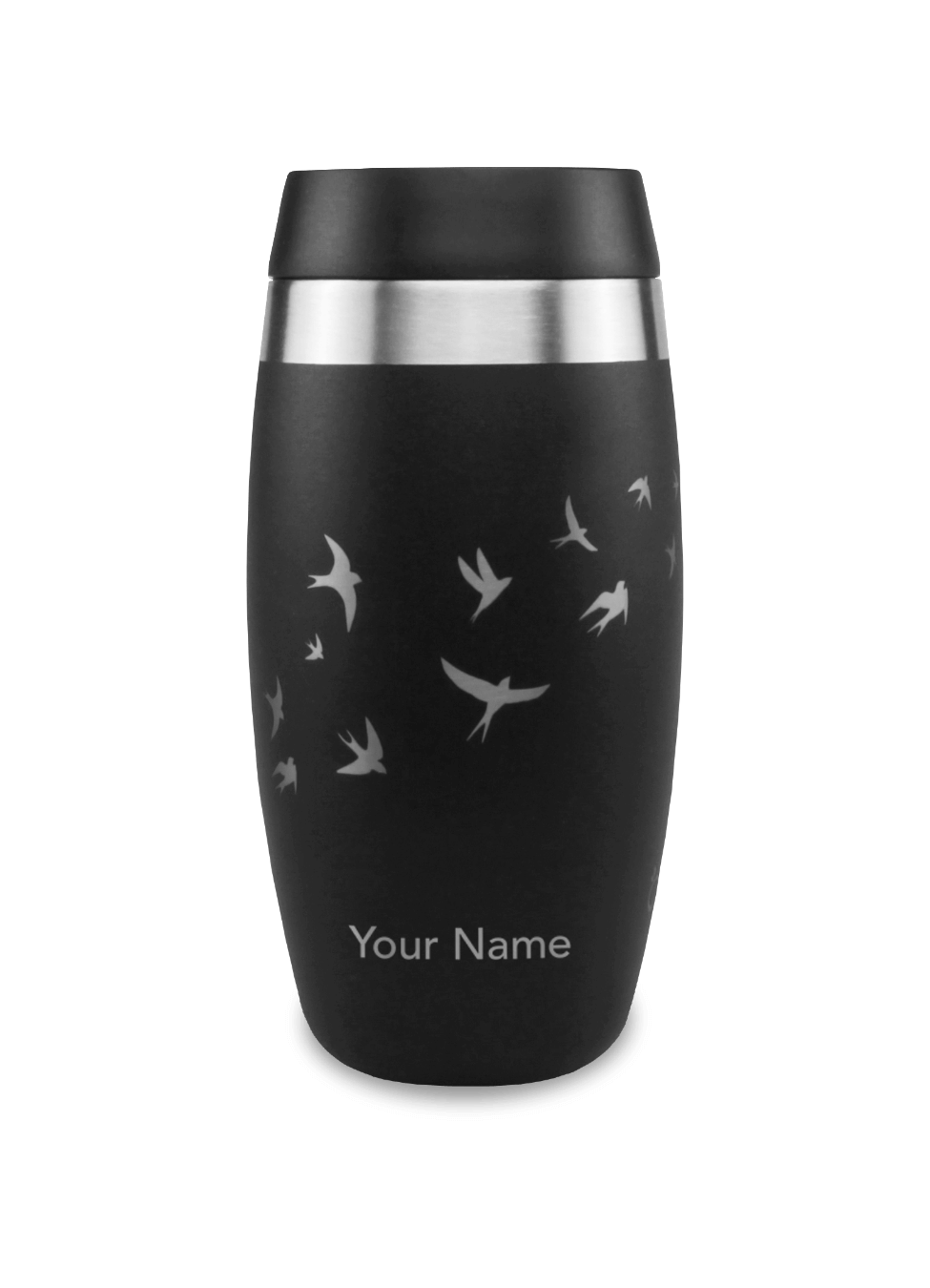 Personalised reusable coffee cup in black bird design
