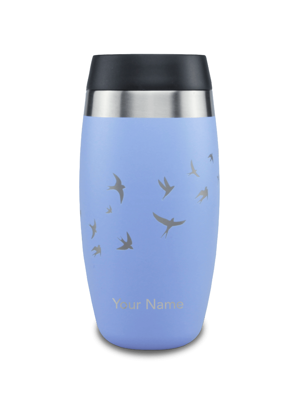 Personalised insulated travel mug in blue with bird design