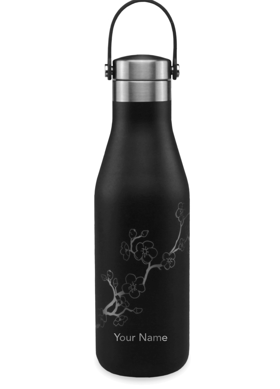 Ohelo Personalised Ohelo Personalised Water Bottle in Black with Blossom Water Bottle with BlackBlo Pattern