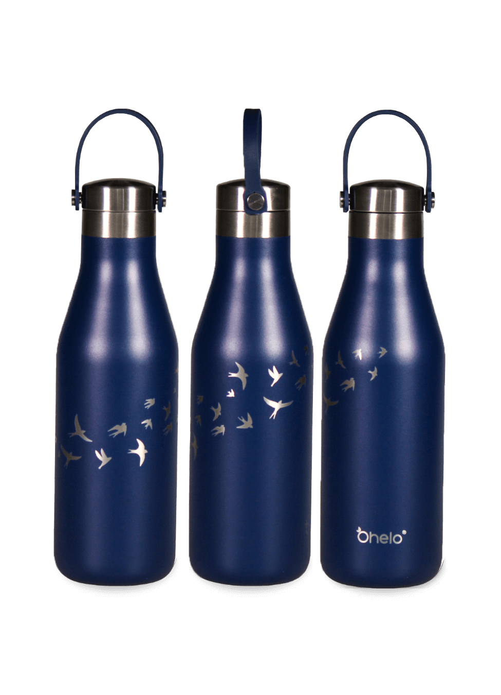 Ohelo Oxford Blue Swallows insulated reusable bottle from 3 sides to show full design