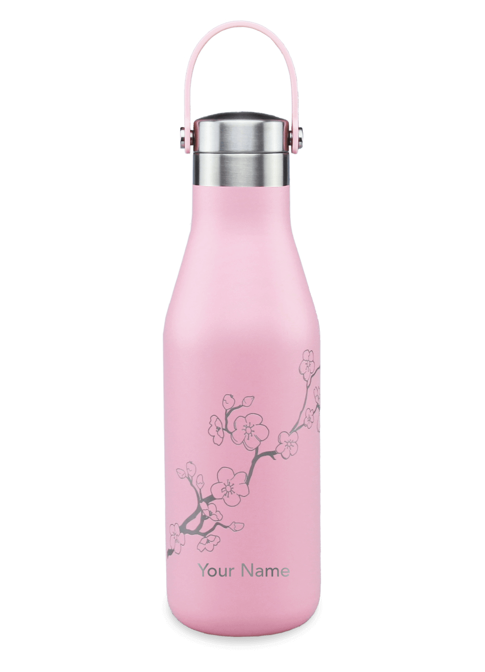Ohelo Personalised Water Bottle in Pink with Blossom attern