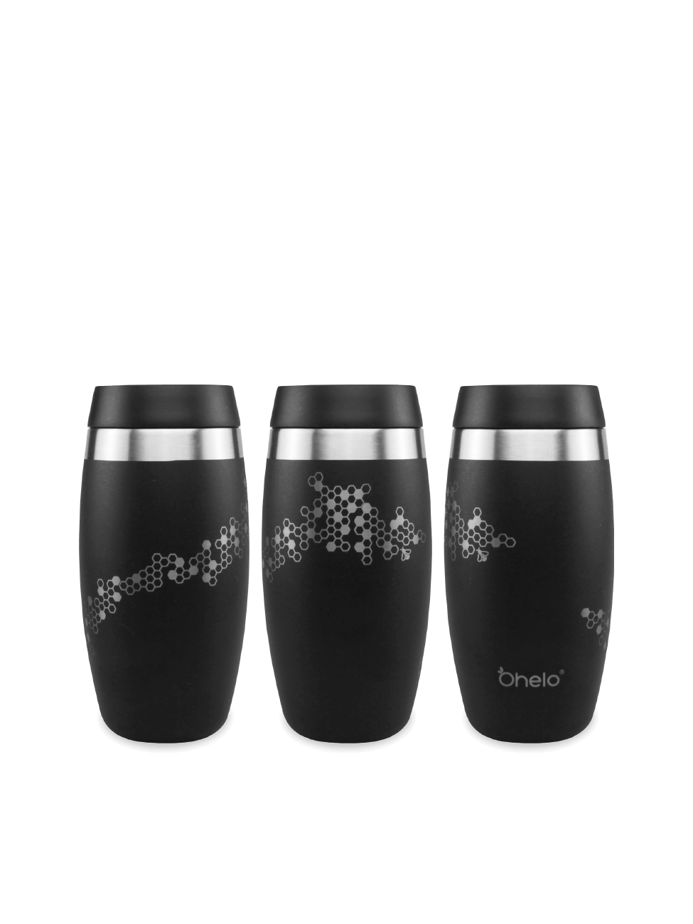 Ohelo black travel mug in bee design - image showing design from 3 sides