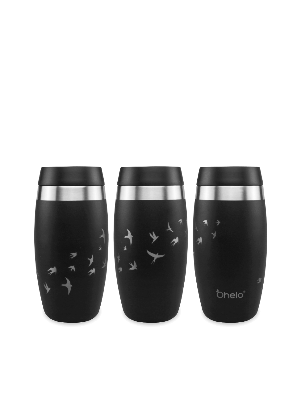 Ohelo black reusable coffee cup in swallow bird design - image showing design from 3 sides