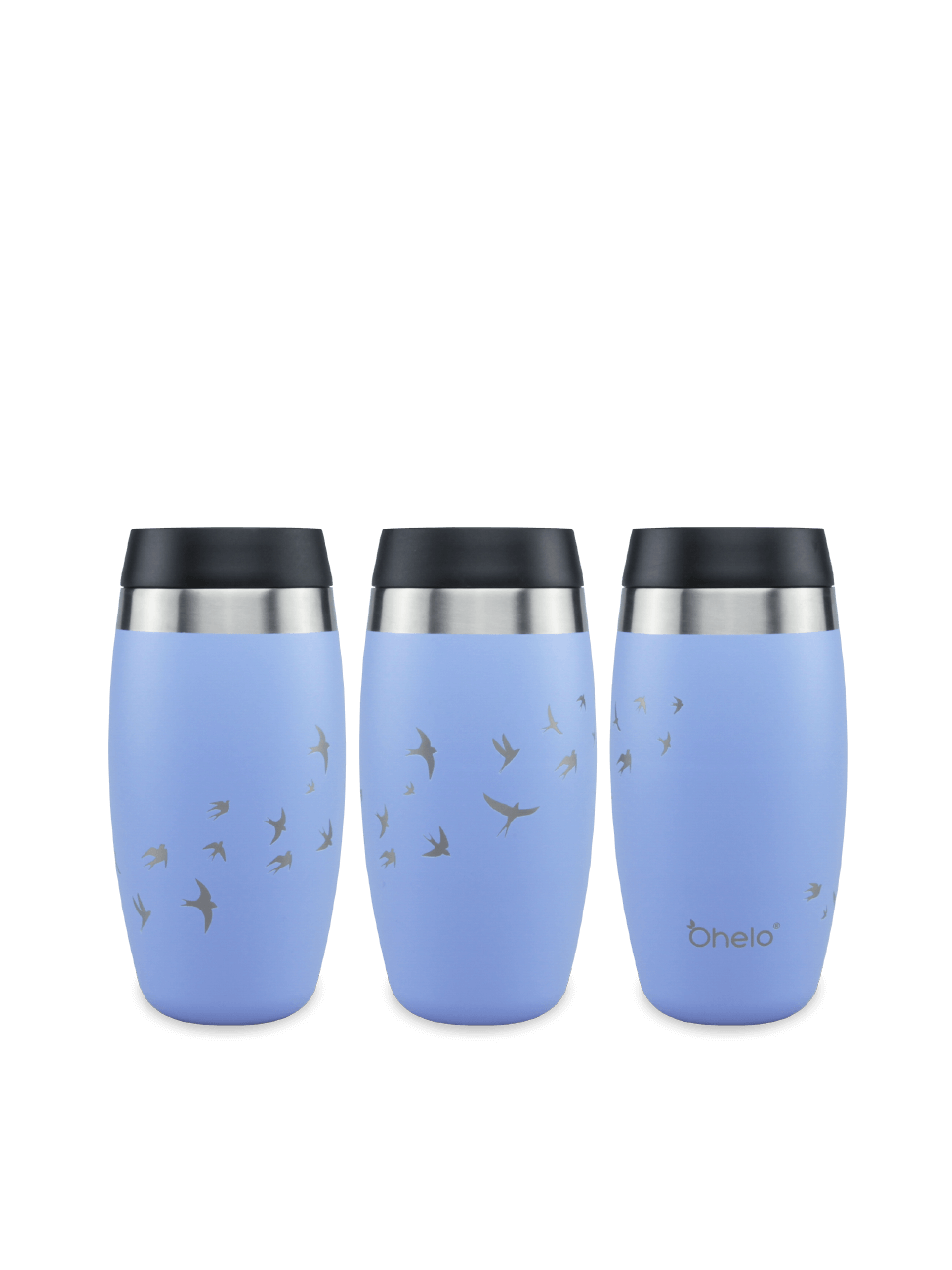 Ohelo blue reusable coffee cup in swallow bird design - image showing design from 3 sides