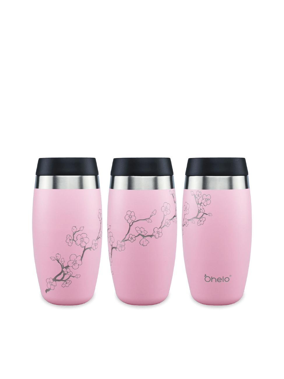 Ohelo stainless steel reusable coffee cup in pink with laser etched cherry blossom - images from 3 sides to show full design
