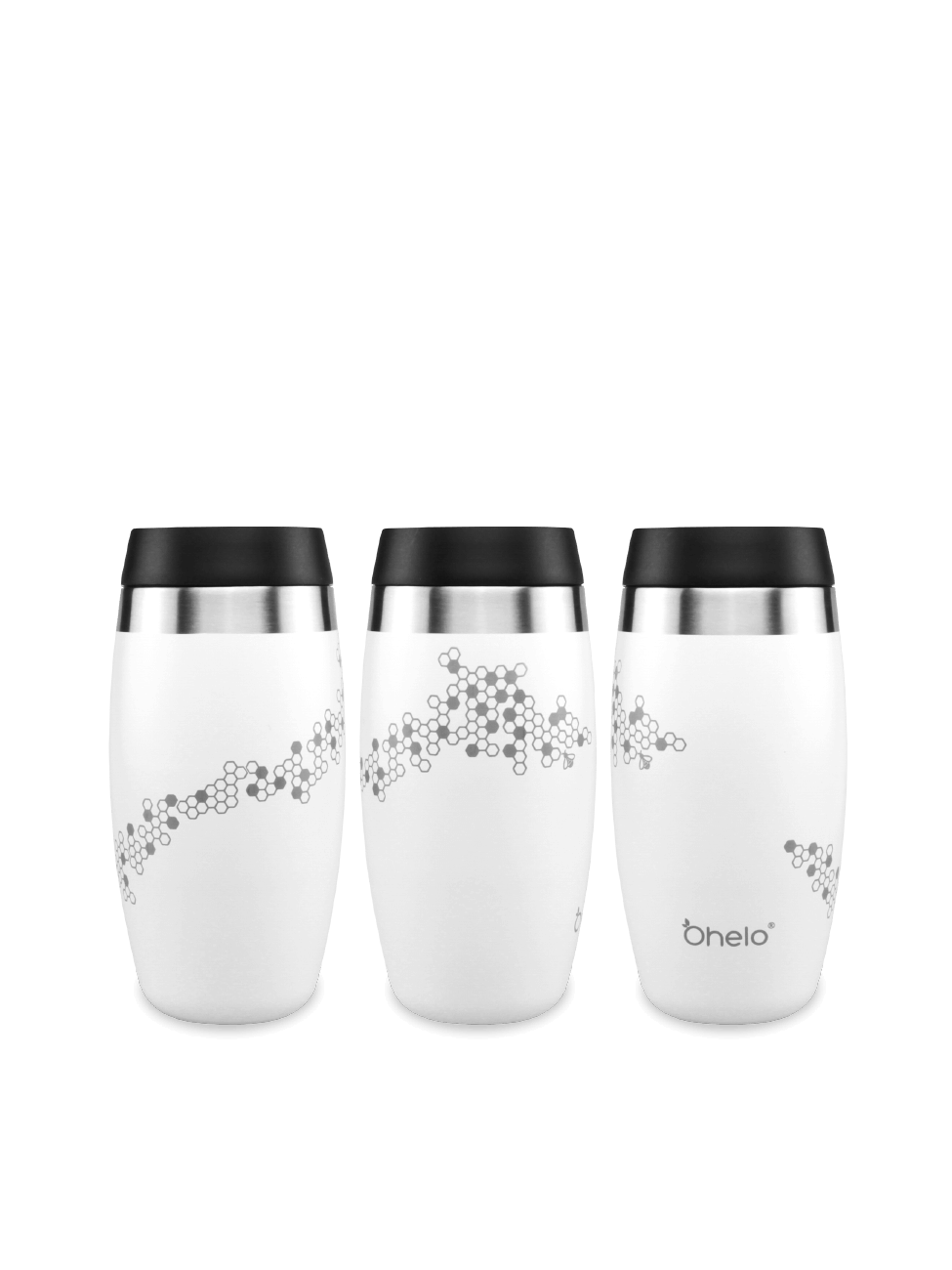 Ohelo dishwasher safe reusable coffee cup in white with honeycomb and bee design - image showing design from 3 sides