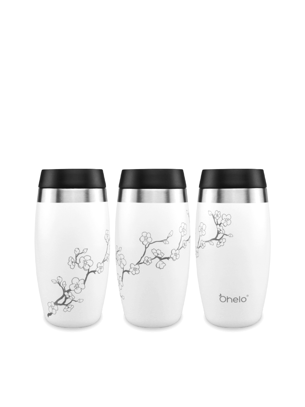 Ohelo BPA free travel mug in white with floral design - image showing design from 3 sides