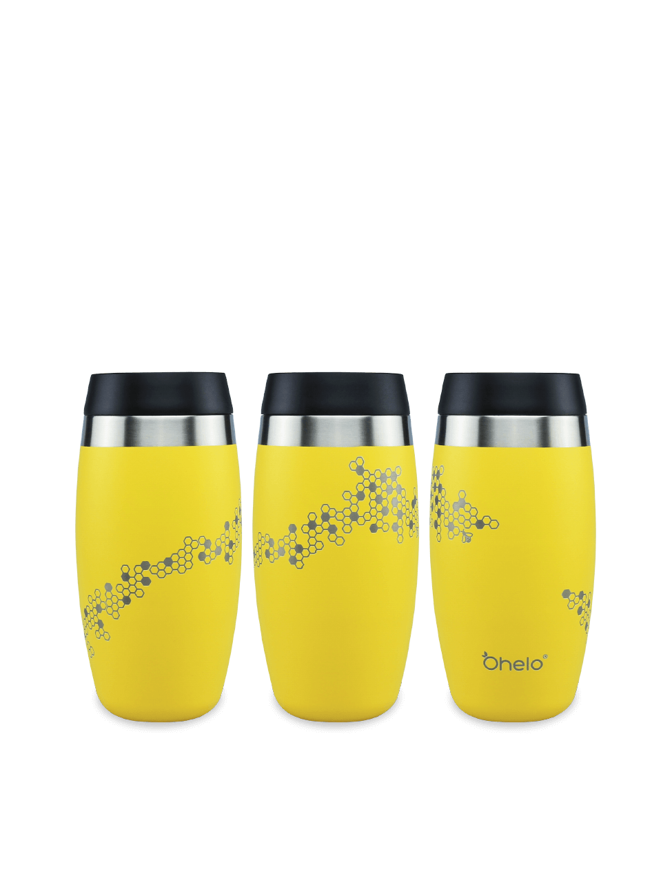Ohelo dishwasher safe travel mug in yellow with bee design - image showing design from 3 sides
