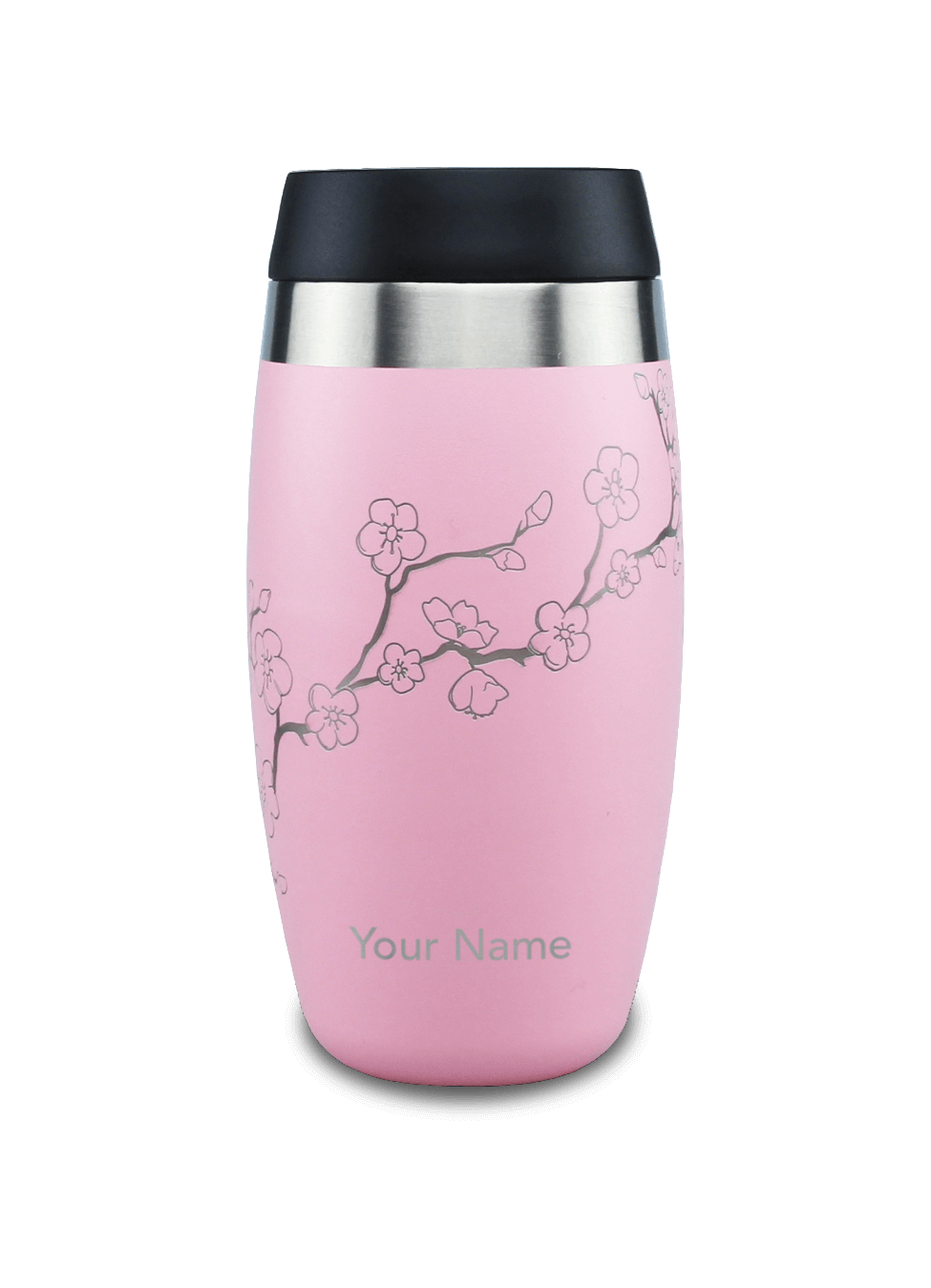 Personalised insulated travel mug in pink with cherry blossom design