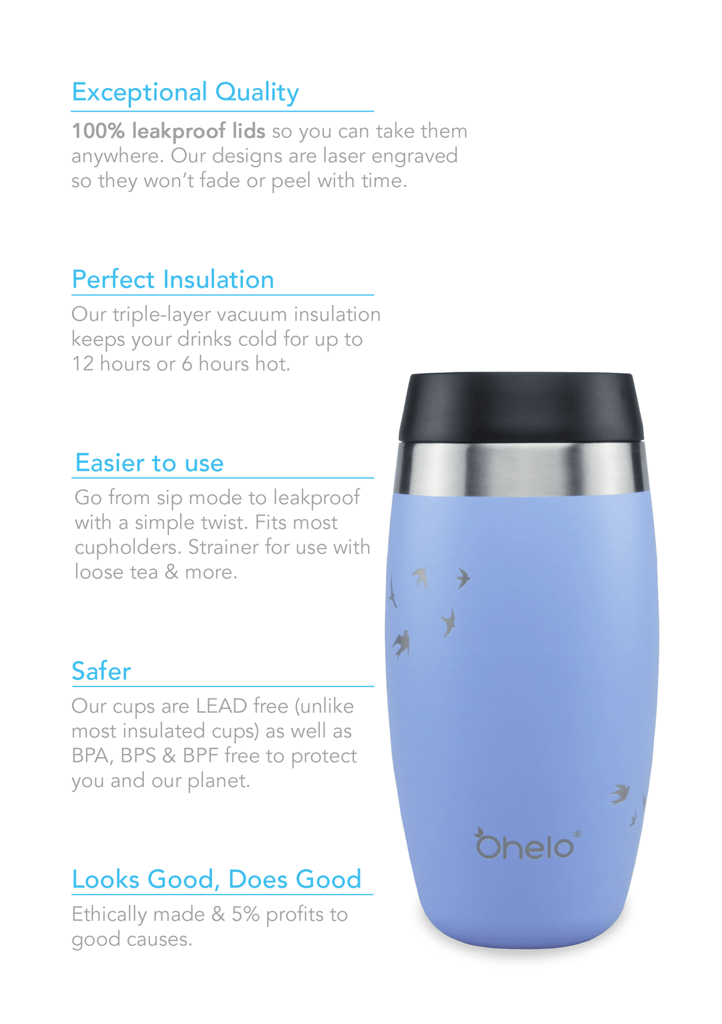 USPs for Ohelo insulated stainless steel reusable travel cup - perfect insulation, exceptional quality, easier to use, safer and looks good, does good